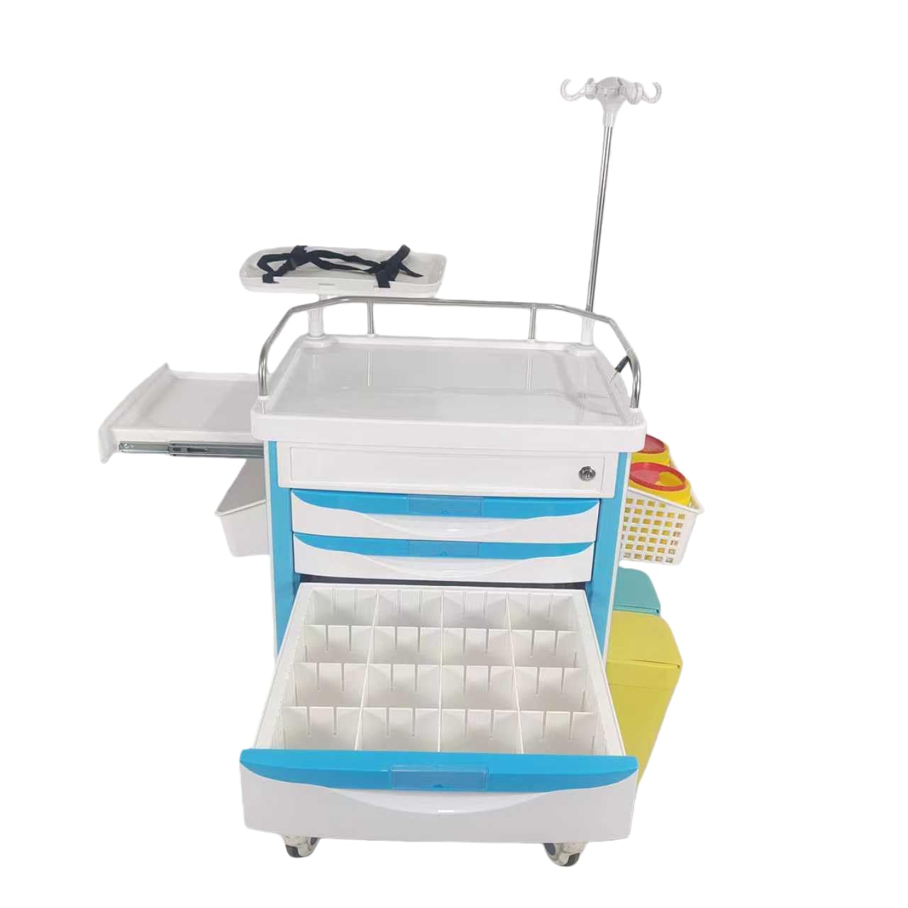 Notfall Trolley with 5 Drawers Mobile medizinische Notfall-Trolley Crash Cart Adjustable IV Pole Cardiac Tisch