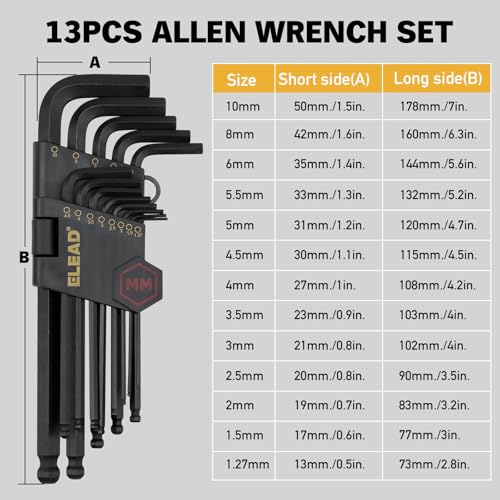 Image of ELEAD 15-Piece Metric Hex Key Allen Wrench Set with Extension Bar, 1.27-10 MM, Long Arm Ball End Design, Heat-Treated S2 Steel