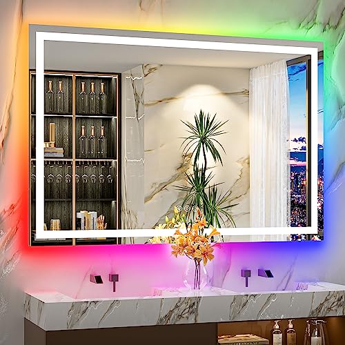 Image of 60x40 Inch RGB LED Bathroom Mirror Front Light and RGB Backlit Lighted Vanity Mirror for Bathroom Wall Mounted Dimmable Anti Fog Memory Shatter-Proof IP54 Waterproof Horizontal /Vertical