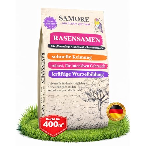 10 kg Rasensamen Sport und Spiel | schnellkeimend |reicht für 400m² Rasen | robust|tiefgrün | ideal für Neuansaat, Nachsaat, Rasensaat Grassamen | trockenresistent | dürreresistent - Made in Germany