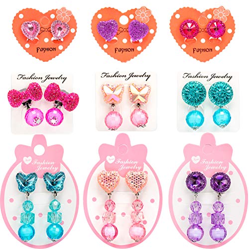 Hicarer 9 Pairs Girls Clip-On Earrings Pretend Princess Play Earrings Jewelry Set (Style 2) #TOP2