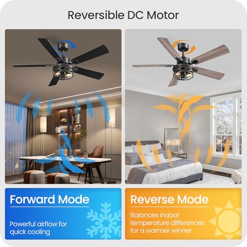 Image of 52 Inch Farmhouse Ceiling Fan with Lights and Remote, Timer, Dual Finish 5 Blades (Gray Oak and Black), 6 Speeds, Reversible DC Motor, Rustic & Industrial Caged Ceiling Fan for Bedroom HB01CF05