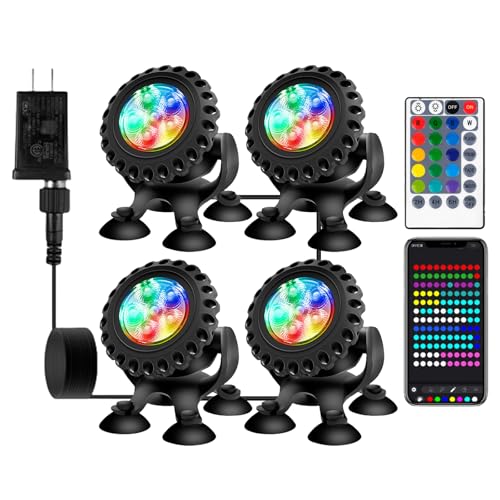HOSPAOP Teichbeleuchtung Unterwasser Licht Pool LED, Poolbeleuchtung mit Fernbedienung, Bluetooth APP, RGB, IP68 Wasserdicht und Saugnapf für Pool...