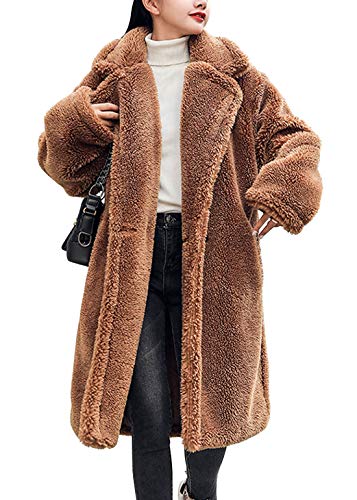 ebossy Women's Lapel Collar Relaxed Faux Fur Long Coat Winter Chunky Warm Overcoat (Medium, Brown)