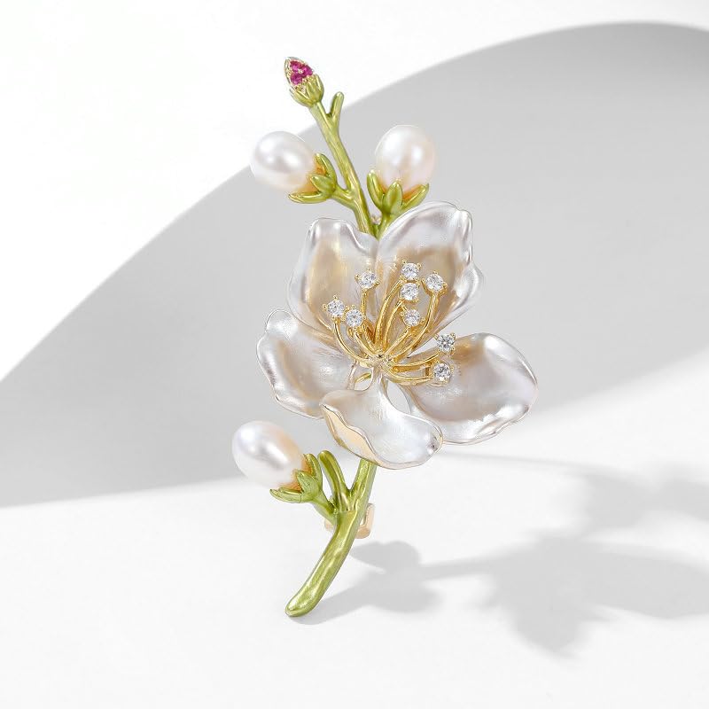 Image of 14K Gold Graceful Vintage Chinese Style Brooch Pin for Women, Freshwater Pearl Magnolia Flower Pink /White Pin, Ideal for Traditional Events, Women's Brooches & Pins