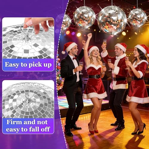 2 bolas espejadas, grandes bolas para discoteca para decoración de fiestas, bolas gigantes colgantes con baldosas reflectantes de vidrio, bola para exterior para efectos de luces DJ, celebraciones de bodas y cumpleaños (plata, 16 pulgadas + 20 pulgadas) miniatura 7