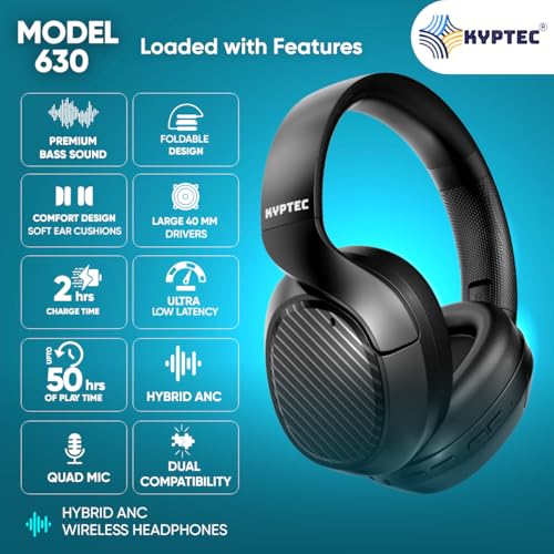 Image of KYPTEC Model 630 Hybrid ANC Bluetooth Wireless Headphones - Over Ear Noise Cancelling Headphone with Deep Bass, 50H Playtime, Large 40 MM Drivers, Quad Mics, Headphones Wireless with mic