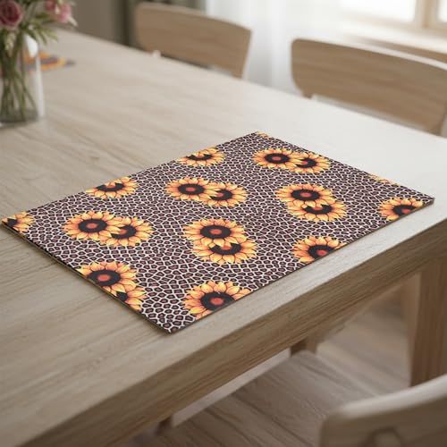 Image of Dining Table Mats Set of 4 - Sunflower Animal Print Theme,Digital Print, Washable, Indoor /Outdoor, Heat-Proof, Wipe & Clean (47X33 cm) Yellow & Brown