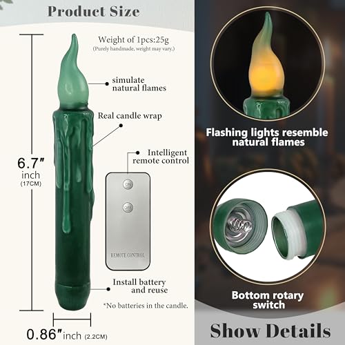 Image of Real Wax LED Flameless Short Taper Candles with Remote, 6.7 Inches Green Candlesticks, Dripless Battery Operated Flame Rustic Primitive Flameless Lights Holiday Decor, Pack of 4