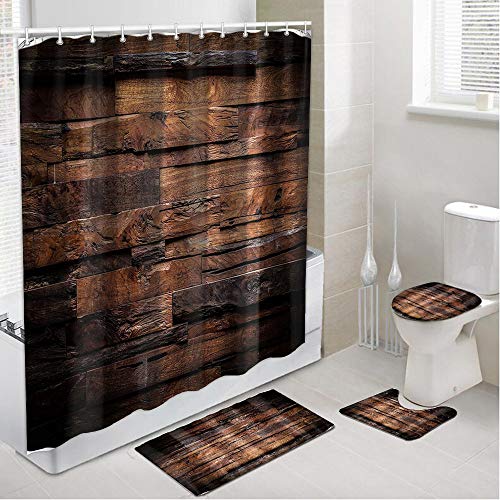 OuElegent 4 rustikale Holz-Duschvorhang-Sets mit rutschfestem Vorleger, WC-Deckelbezug und Badematte, braune… – Bild 5