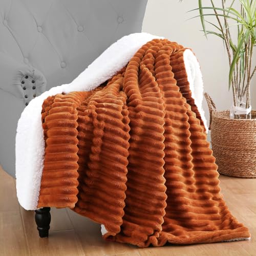 Linecooo Burnt Orange Sherpa Fleece Throw Blanket 50”×60” for...