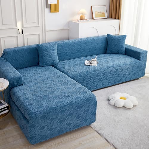 Housse canapé d'angle Jacquard bleu lac extensible 2+2 places
