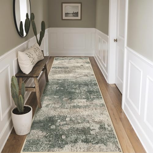 Image of BEIMO Runner Rug for Hallway Kitchen, 2'x6' Machine Washable Runners Rug for Entryway, Soft Modern Abstract Throw Rugs, Low Pile Floor Cover with Non Slip Backing, Grey /Dark Green