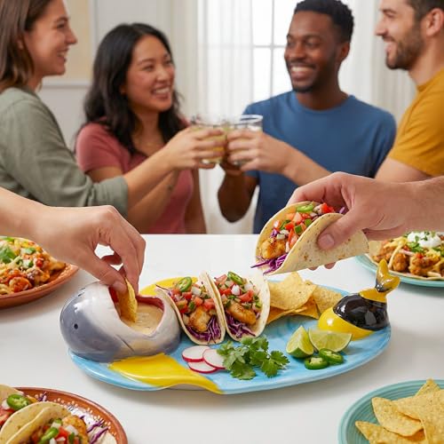 Image of Ceramic Bee Shark Taco Holder, Bee Shark Sushi Plates, Funny Handmade Kitchen Salad Plates with Dipping Sauce Bowl, Microwave /Oven /Dishwasher Safe Plate, Holiday Birthday Gifts for Sharks Party Lovers