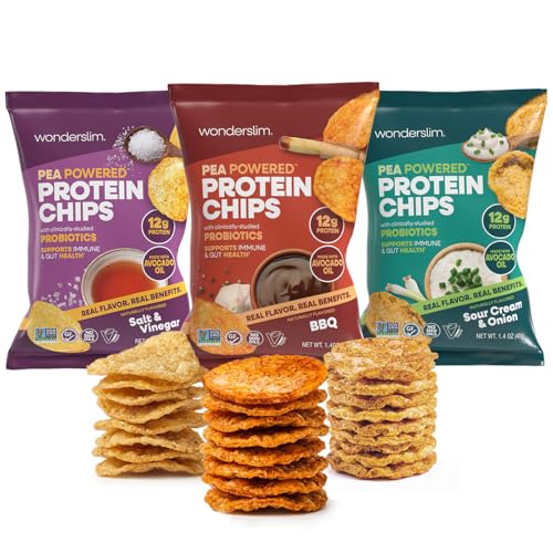 Wonderslim Protein Chips with Probiotics Variety Pack | 12g Plant Protein 170 Cal | High Protein Chips Vegan Gluten Free Non-GMO | Made with Avocado Oil No Seed Oils | 12 Pack