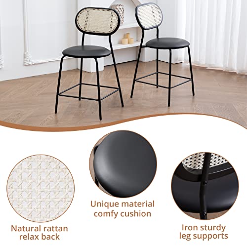 Indoor/Outdoor Faux Leather Bar Stools Set Of 4,Rattan And Wood Backrest With Metal Legs，Modern Upholstered Round Seat Chair Counter Height Barstools For Bistro Home Office Restaurants,24",Black #TOP6