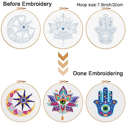 Image of Louise Maelys 3 Set Tarot Evil Eye Embroidery Kits for Beginners,Adults Starter Cross Stitch Kit DIY Needlepoint with Hamsa Hand Sun Moon louts Flower Pattern