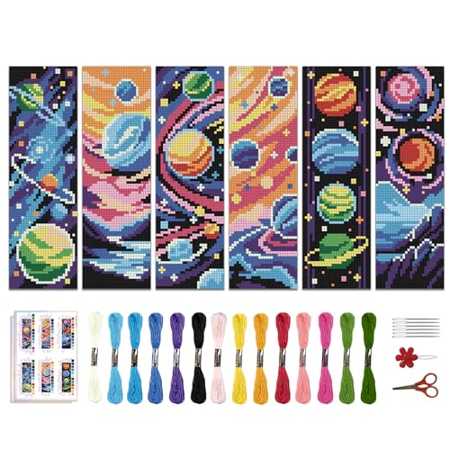 Image of ACRNIGHEET 6PCS Cross Stitch Bookmark Kits Cosmic Planet Pattern Counted Cross Stitch Kits for Beginners Adults DIY Stamped Embroidery Bookmarks with Instructions Hand Embroidery Craft Gift