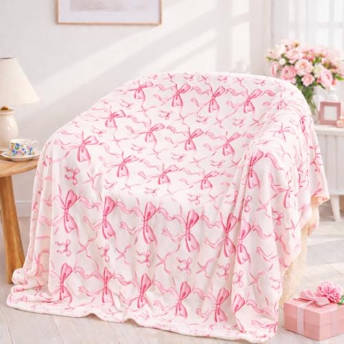 Pink Bow Twin Blanket 60x80 Inch Soft Fleece Blanket for Girls and Women Coquette Aesthetic Room Decor for Bed Couch Chair Preppy Bedroom or Gift Cute Pink Bow Decor Blanket