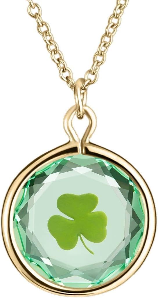 Necklace or Charm in Swarovski Crystal with Enameled SHAMROCK Engraving in Sterling Silver or Yellow-Gold-Plated-Silver