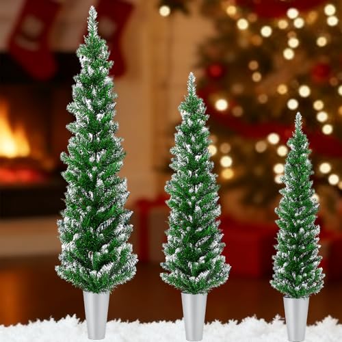 Silipull Set of 3 Potted Christmas Tree 5ft/4ft/3ft Slim Pencil Christmas Tree with Metal Buckets...