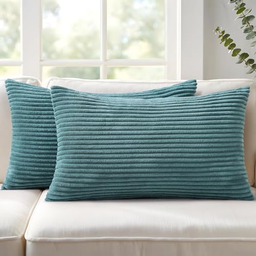 Image of Mecatny Corduroy Decorative Throw Pillow Covers 12x20 Set of 2 for Sofa Living Room, Soft Neutral Boho Couch Pillow Covers for Home Decor, Teal