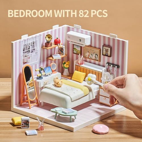 DIY Play Miniature Bedroom Kit – 82Pcs 1:20 Scale Cozy Dollhouse Room Toy with LED Light & Blister Packaging, Connectable Tiny House Model for Kids 8+ & Teens