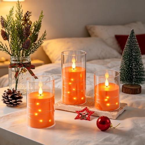 Image of Da by 3 Pack Orange Transparent Acrylic Flameless Taper Candles, Flickering Black Wick LED Candles with Fairy String Lights, Heat Resistant ABS Candles with Remote for Indoor Outdoor Decor