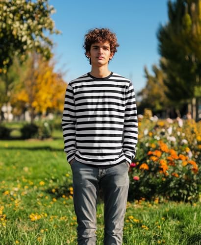 Men's Striped Shirts Long Sleeve, T-Shirt Crewneck Cotton Blend Stripes Top Casual Tee3