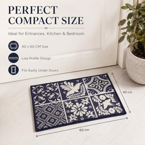 Image of Matz&More Tiles Arabesque Floor Mat | 40x60 CM | Navy Blue | Nylon Tufted Gel Baking Anti-Slip | Doormat for Home Entrance, Kitchen & Bedroom