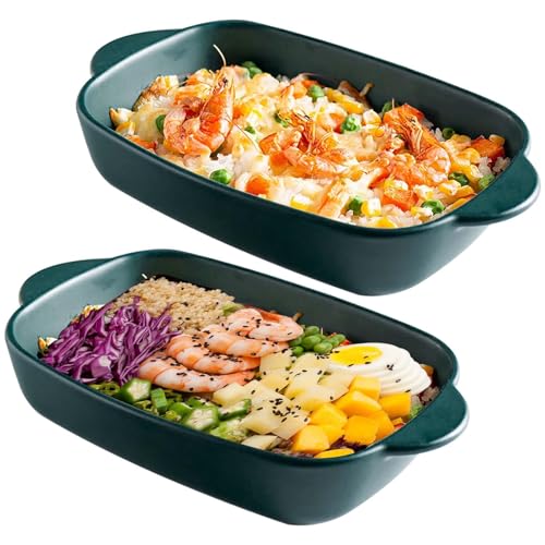 2 Stück Auflaufform Set aus Keramik, Lasagneform mit Griff 23,5 x 13cm Keramik Auflaufformen Bunt Glasiertes Klein Backform Rechteckig Ofenform für Ofen Lasagne Backen Auflauf Essen (Dunkelgrün)