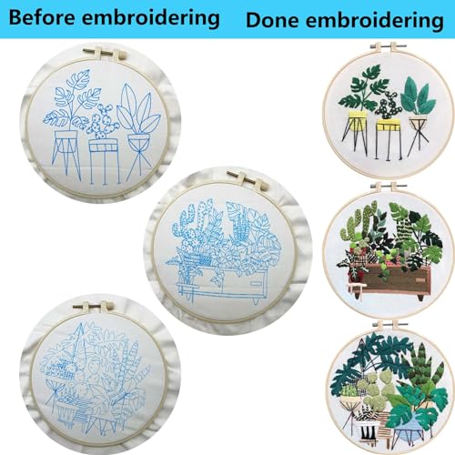 Image of Allazone 3 Sets Embroidery Kit for Beginners, Stitch Practice Kits for Craft Lover Hand Stitch with Embroidery Fabric with Stamped Pattern, Starter Stitch Kits Suitable for Adults (Plate Planting)