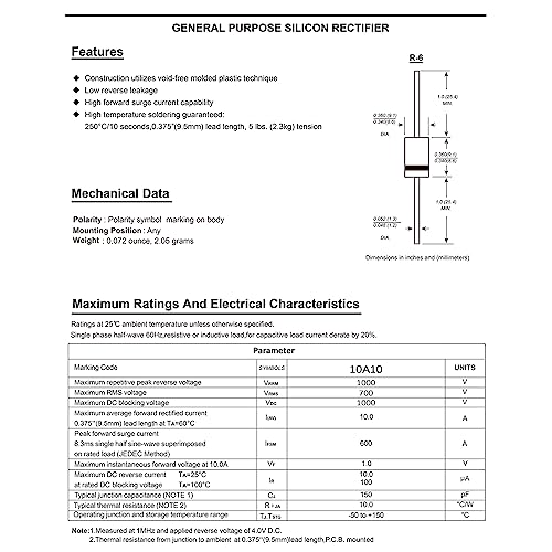 AUKENIEN 20 Stück 10A10 Gleichrichterdiode 10A 1000V R-6 Axial Gleichrichter Dioden 10 Ampere 1000 Volt Elektronische Silikondioden