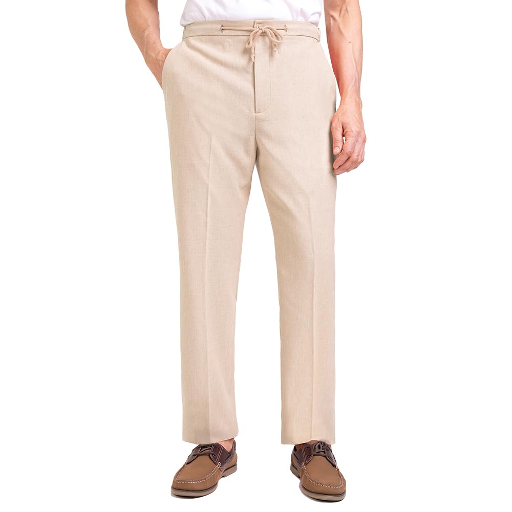 James Holton Men's Comfort Leisure Trousers Stretch Waist Pants with Drawstring & Button Fastening 34 Waist & 29 Inside Leg Beige