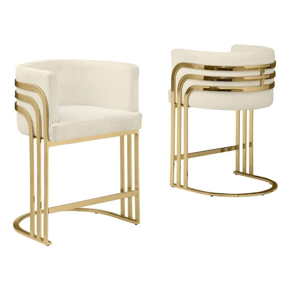 Modern Teddy Fabric Counter Height Stools with Chrome Legs - Cream - Elegant Barrel Design with Gold Frame - Set of 2 - Perfect for Dining Room, Bar,