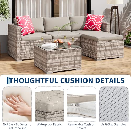 Image of GAOMON 5 Pieces Patio Furniture Sets All Weather Outdoor Sectional Patio Sofa Manual Weaving Wicker Rattan Patio Seating Sofas with Cushion and Glass Table