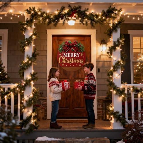 Image of Merry Christmas Wreaths for Front Door - Welcome Door Hanger Sign with Bow, Greenery & Red Berries, for Holiday Rustic Farmhouse Outdoor Wall Windows Decor (Merry Christmas Wreaths)