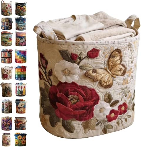 Image of Quilted Laundry Baskets with Handles, Large Floral Fabric Hampers, Extra Soft Boho Chic Storage Organizer for Nurseries, Collapsible Clothes Bins, Portable Bedroom Washing Container