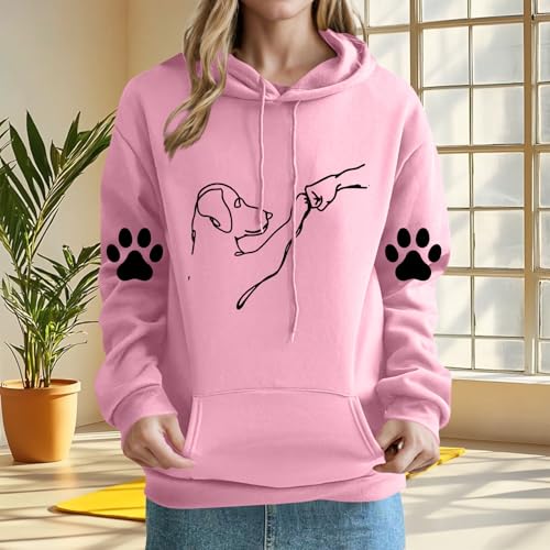 KOG Hoodie für Damen Baumwolle Sweatshirt mit Kapuze Hunde-Print Kapuzenpullover Basic Kleidung Teenager Mädchen Bekleidung Retro Langarmshirt Freizeit Frau Casual Slim Fit Oberteil Rosa XL