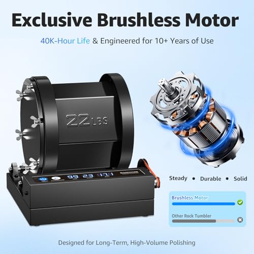 Image of Professional Rock Tumbler - 22LB Extra-Large Capacity Rock Polisher with Brushless Motor, Real-Time Power Monitoring & Heavy-Duty Metal Construction for Continuous Rock Tumbling