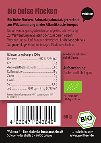 Wohltuer Bio Dulseflocken 50g - Dulse Algen Bio, Lappentang Bio getrocknet - Nachhaltige Wildsammlung an der Atlantikküste