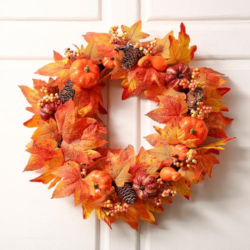 Yunlly 24 Inch Artificial Fall Wreath Autumn Maple Decor Autumn