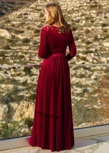 Women's V Neck Long Sleeve Bridesmaid Dresses with Pockets Long Pleats Velvet Formal Dress2