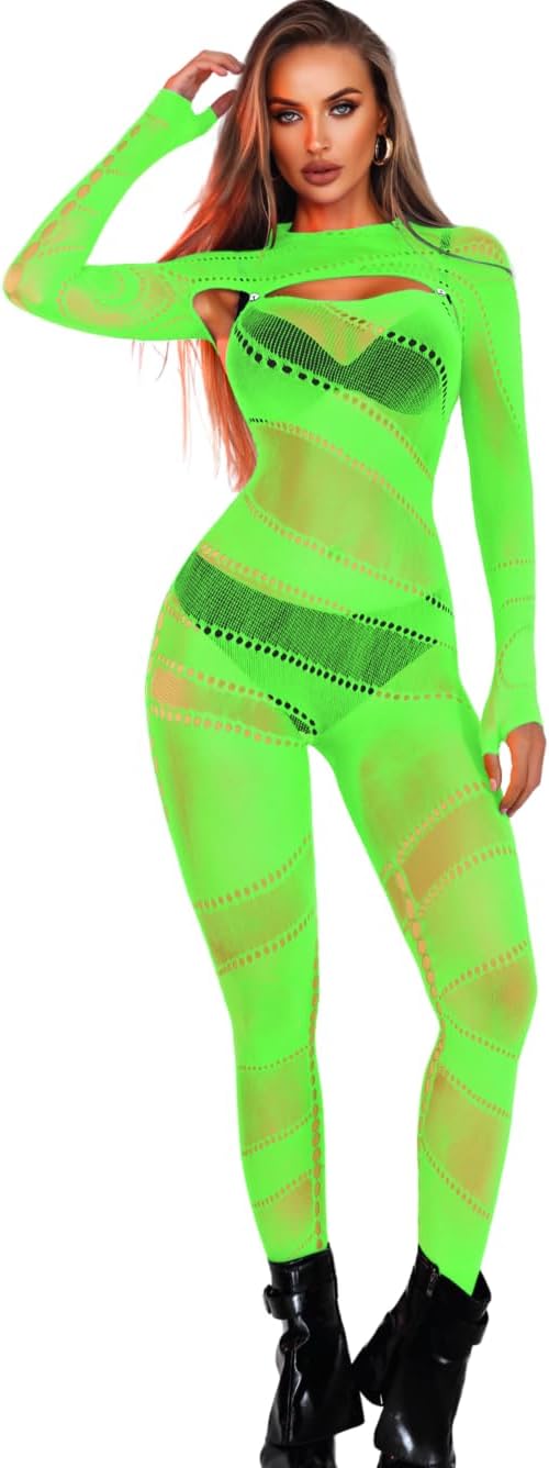 EHSUYAB Sexy Women Hooded Fishnet Bodysuit, Heart Rhinestone Lace Jumpsuit Mesh Body Stocking, Rave Club Exotic Dancer Outfit