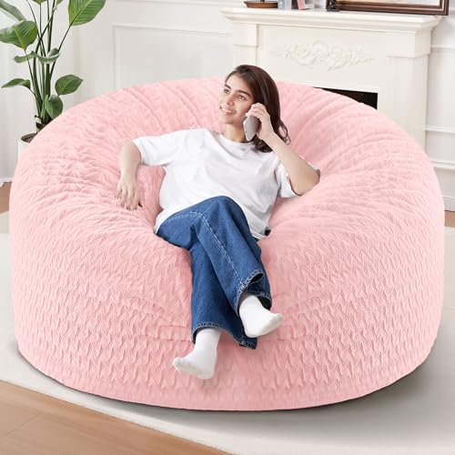 Image of 6FT Bean Bag Chair,Giant Bean Bag Chairs for Adults,Big Bean Bags with Memory Foam Filled, Large Beanbag Chairs with Chevron Plush Cover-Soft Pink