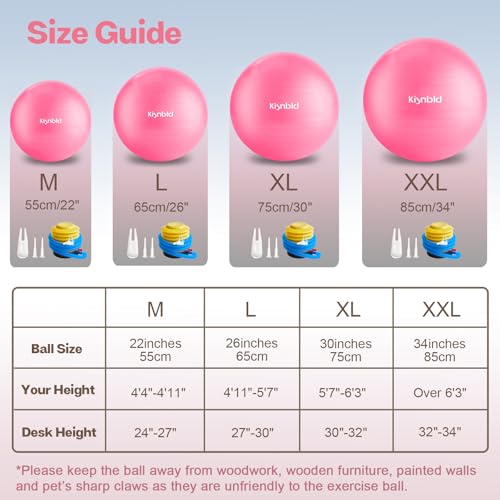 Image of kisnbld Exercise Ball, Extra Thick Yoga Ball for Workout Pregnancy Stability, 4 Sizes Anti-Burst Balance Ball with Foot Pump - Heavy Duty Fitness Ball Chair for Office, Home & Gym