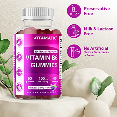 Vitamatic Vitamin B6 100Mg - Berry Flavor - 60 Pectin Based Gummies - Supports Nervous System #TOP2