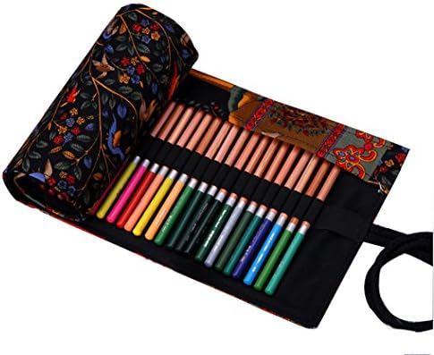 Hillento Canvas Handmade National Wind Happy Tree Pencil wrap Pen Color Pencil Bags Hold for 48 Colored Pencils (Pencils are not Included),48 Holes