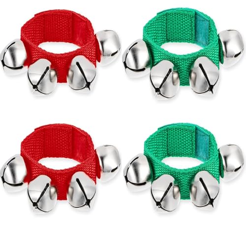 4 PCS Wrist Bells, Percussion Instruments, Jingle Bells Christmas Musical Rhythm Wrist Shaking Percussion Orchestra Rattles, for Party Favors Decorations (Green+Red)