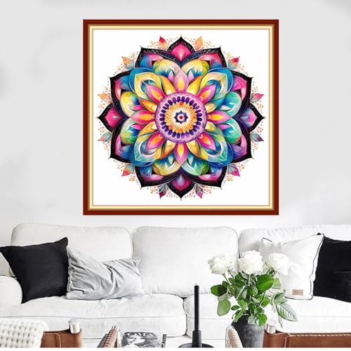Image of Redxing Stamped Cross Stitch Kits Full Range of Embroidery Starter Kits- Needlepoint Counted Cross Stitch Kits for Beginner Adults 11CT Printed Embroidery Kit-Colorful Mandala 18x18 inch